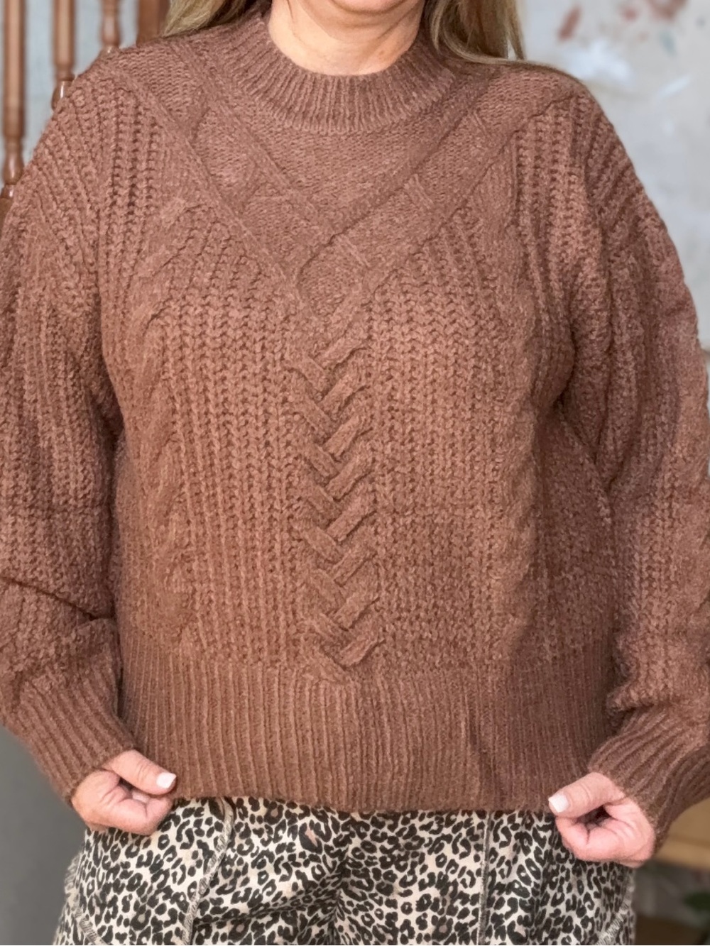 Brand New Kye Mi Cozy Cable Knit Crewneck Sweater - Brown